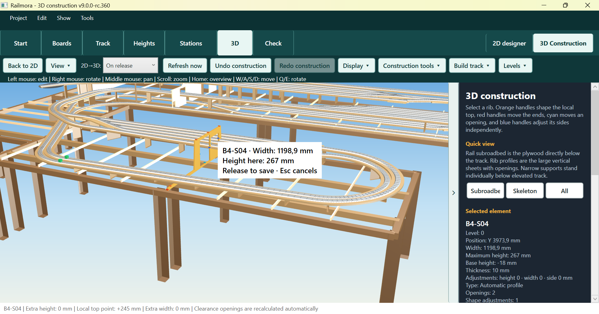 Railmora advanced 3D construction editing with a selected fascia and precision control handles